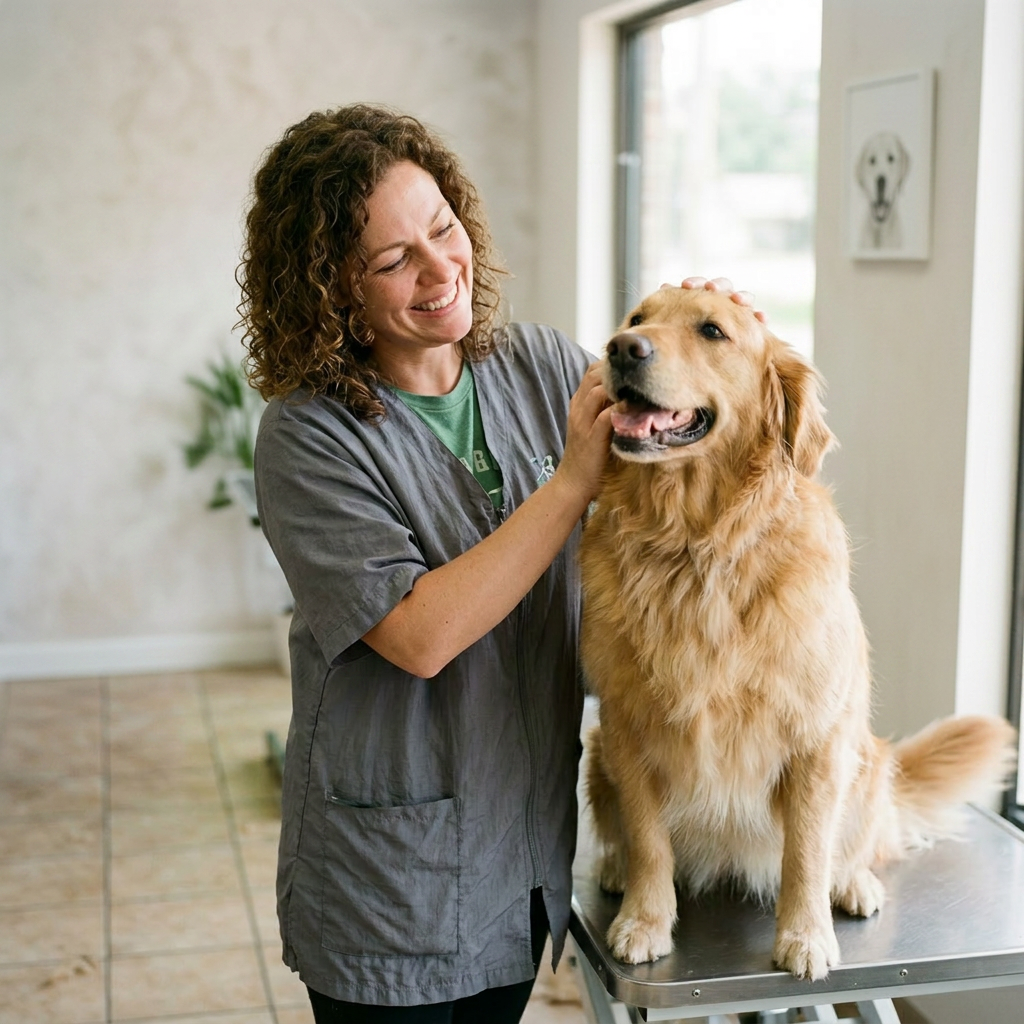 Veterinarian smiling while examining a golden retriever on an exam table